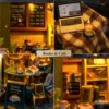 Miniature DIY books and café house kit with two-story bookstore cafe and warm LED lighting