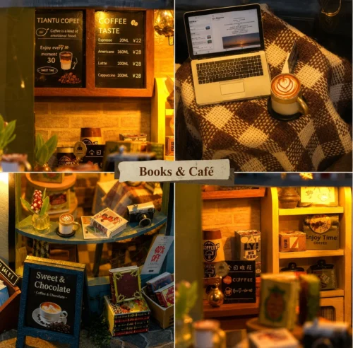 Miniature DIY books and café house kit with two-story bookstore cafe and warm LED lighting