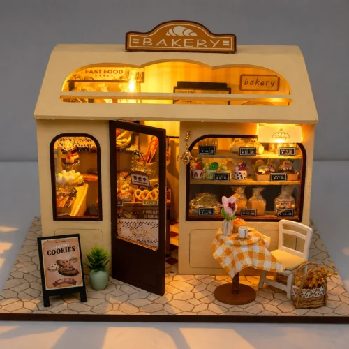 Miniature DIY bakery house kit with warm lighting, tiny pastries, shelves and cozy bakery decor