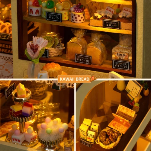 Miniature DIY bakery house kit with warm lighting, tiny pastries, shelves and cozy bakery decor
