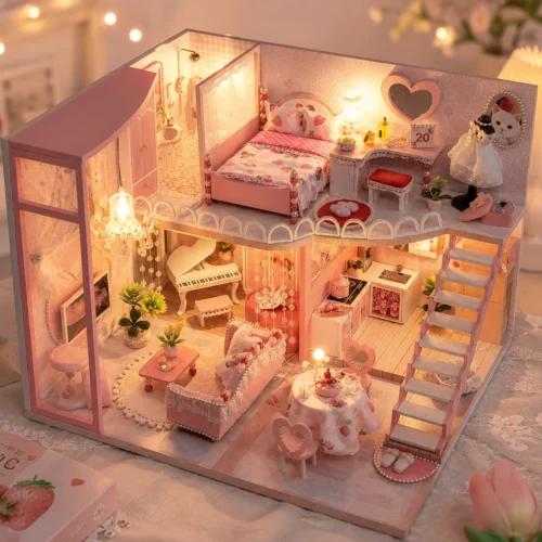 Pink miniature DIY dollhouse with warm LED lights