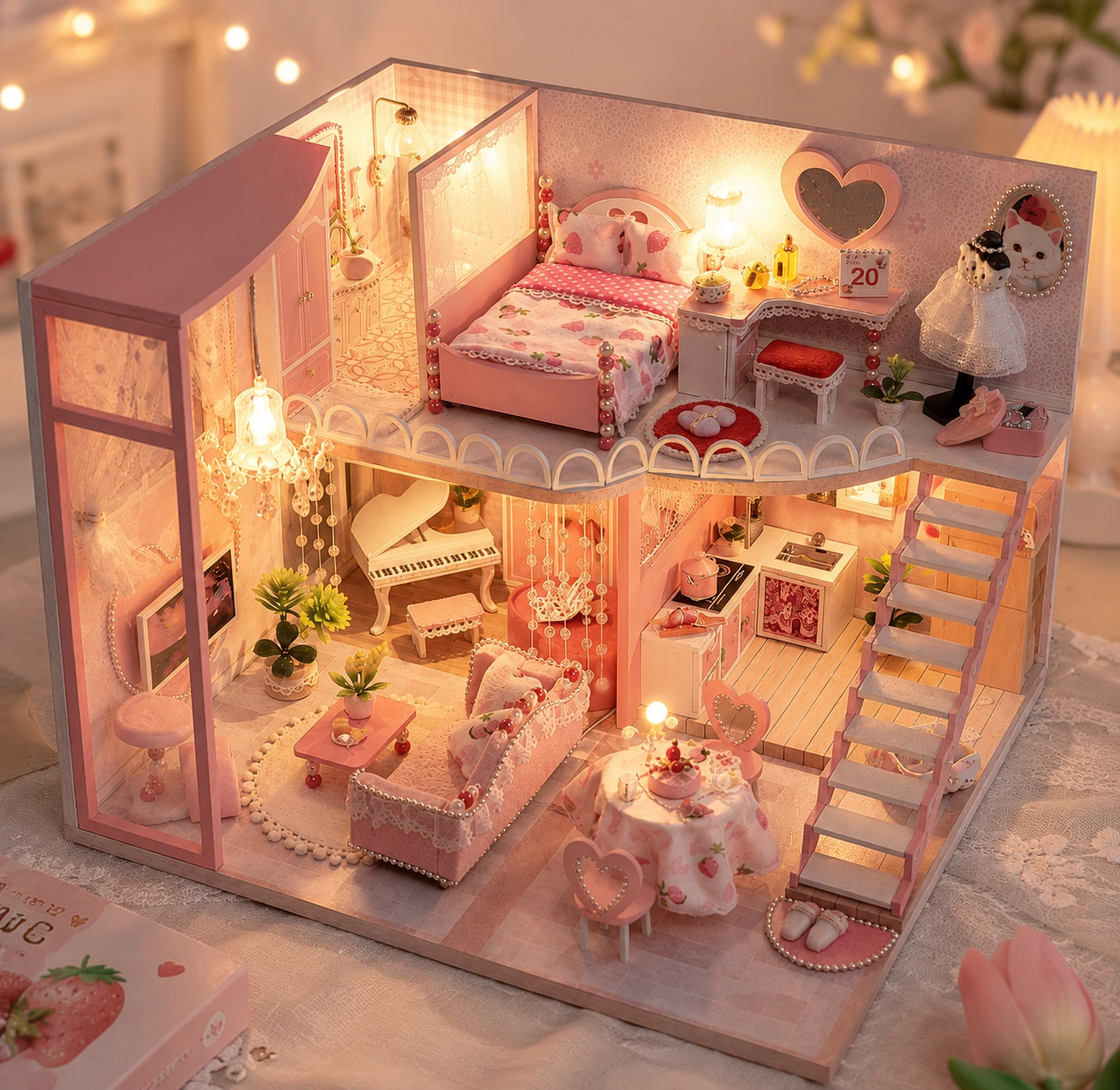 Pink miniature DIY dollhouse with warm LED lights