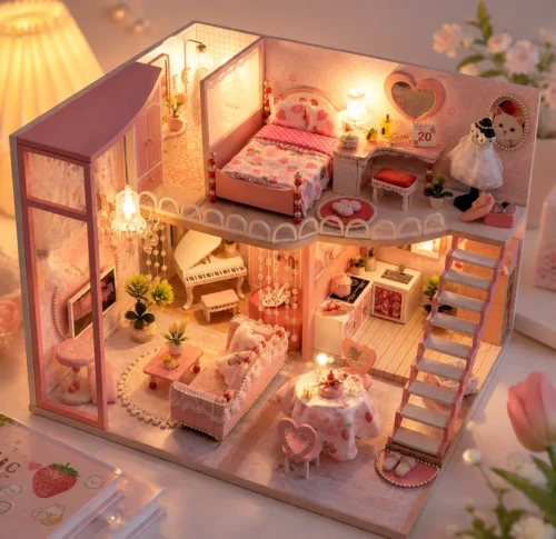 Pink miniature DIY dollhouse with warm LED lights Pink miniature DIY dollhouse with warm LED lights