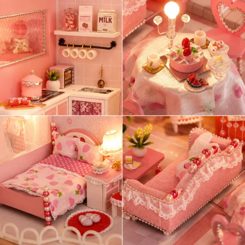 Pink miniature DIY dollhouse with warm LED lights Pink miniature DIY dollhouse with warm LED lights