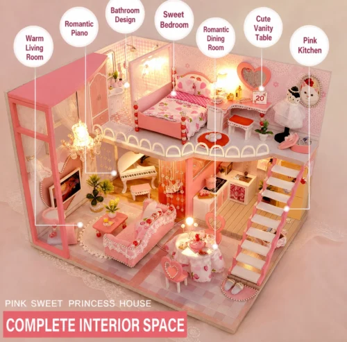 Pink miniature DIY dollhouse with warm LED lights Pink miniature DIY dollhouse with warm LED lights