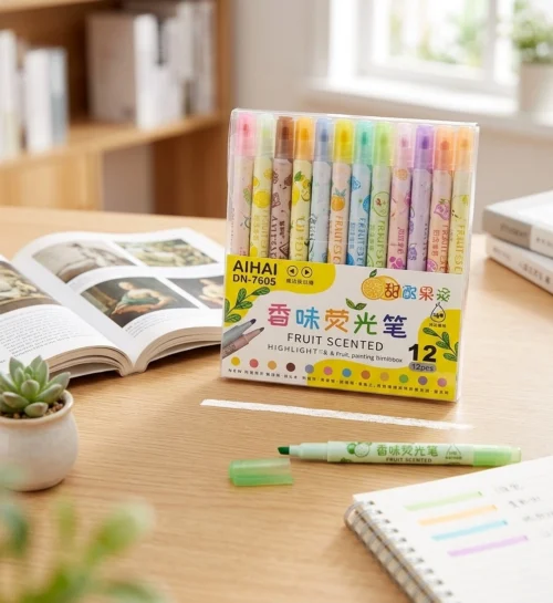 12 Colors Fruit Scented Highlighter Set with pastel highlighter pens in a storage box for studying, journaling, note-taking, and office use. 12 Colors Fruit Scented Highlighter Set with pastel highlighter pens in a storage box for studying, journaling, note-taking, and office use.