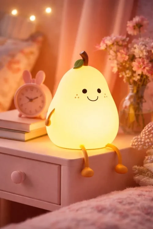 Cute pear silicone LED night light with soft warm glow, adorable character design for kids' bedrooms, nurseries, bedside tables and cozy décor Cute pear silicone LED night light with soft warm glow, adorable character design for kids' bedrooms, nurseries, bedside tables and cozy décor