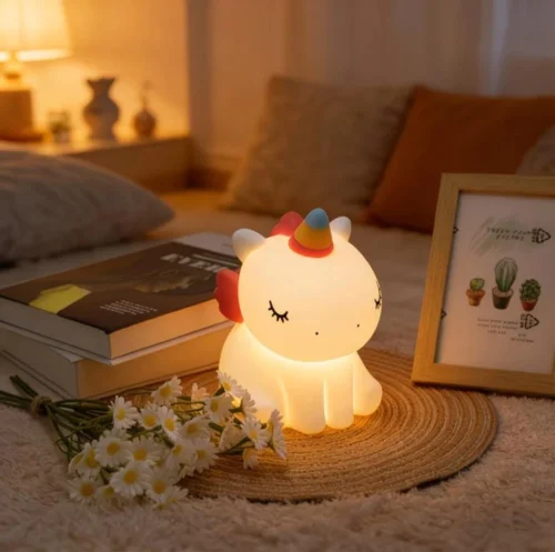 Cute Unicorn Night Light made from soft silicone with a warm LED glow, perfect for kids' bedrooms, nurseries, bedside tables, and kawaii room décor.