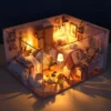 Cozy Dream Bedroom miniature DIY kit with tiny beds, furniture, plants and warm lights