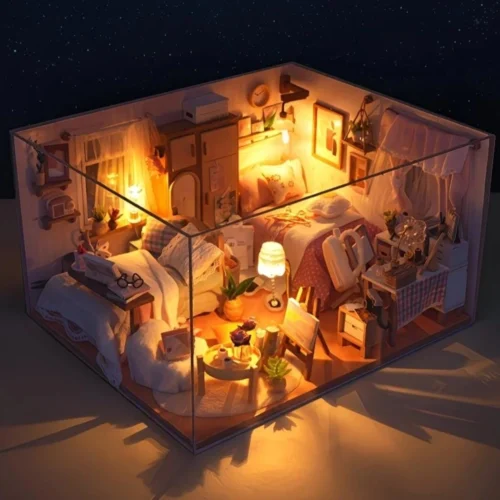 Cozy Dream Bedroom miniature DIY kit with tiny beds, furniture, plants and warm lights