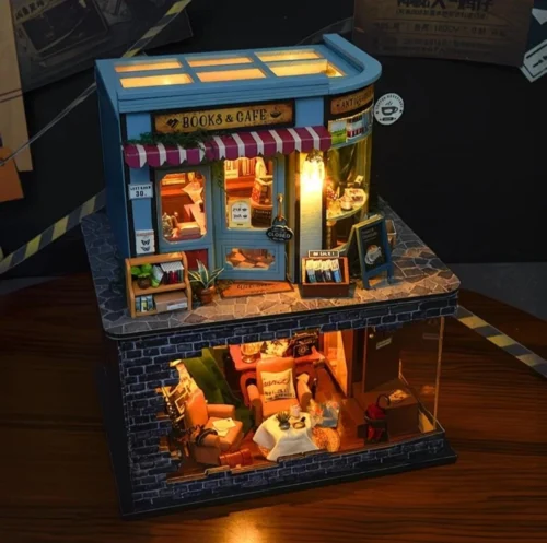 Miniature DIY books and café house kit with two-story bookstore cafe and warm LED lighting