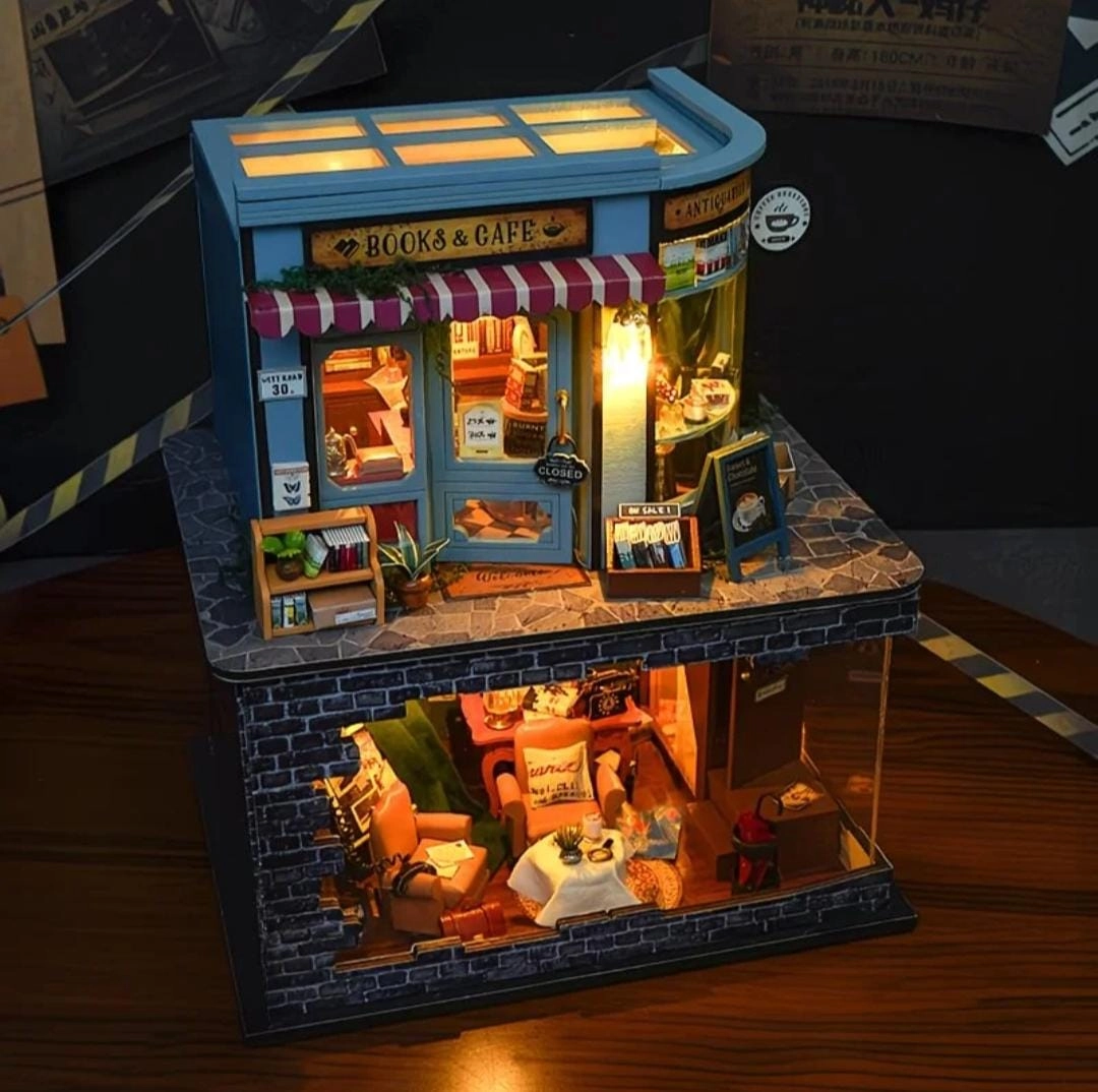 Miniature DIY books and café house kit with two-story bookstore cafe and warm LED lighting