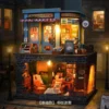 Miniature DIY books and café house kit with two-story bookstore cafe and warm LED lighting