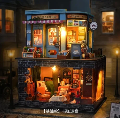 Miniature DIY books and café house kit with two-story bookstore cafe and warm LED lighting
