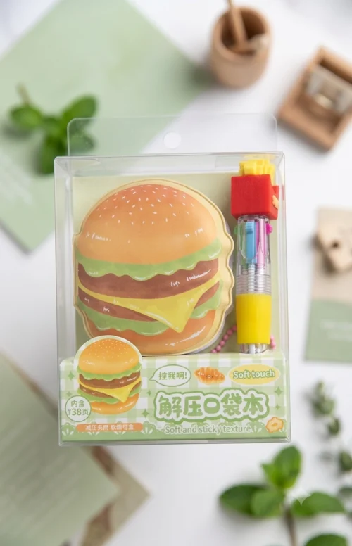 Cheese burger mini notebook and pen set with burger-shaped notebook and fries-themed pen