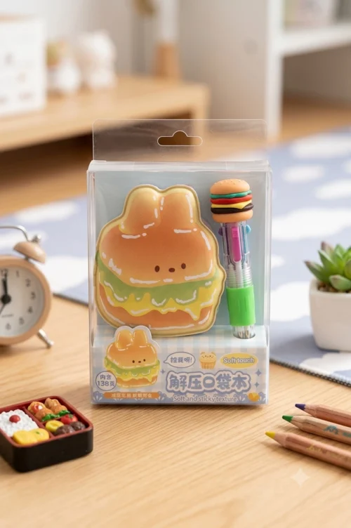 Cute burger mini notebook and matching burger-themed pen set Cute burger mini notebook and matching burger-themed pen set
