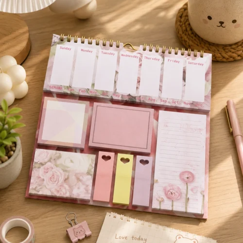 Kawaii floral weekly planner sticky notes set with memo pads, page markers, to-do list, and pastel stationery arranged on a wooden desk. Kawaii floral weekly planner sticky notes set with memo pads, page markers, to-do list, and pastel stationery arranged on a wooden desk.