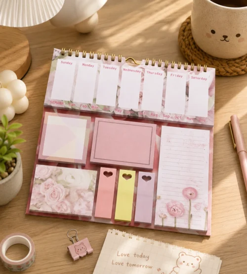 Kawaii floral weekly planner sticky notes set with memo pads, page markers, to-do list, and pastel stationery arranged on a wooden desk. Kawaii floral weekly planner sticky notes set with memo pads, page markers, to-do list, and pastel stationery arranged on a wooden desk.