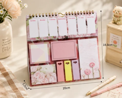 Kawaii floral weekly planner sticky notes set with memo pads, page markers, to-do list, and pastel stationery arranged on a wooden desk. Kawaii floral weekly planner sticky notes set with memo pads, page markers, to-do list, and pastel stationery arranged on a wooden desk.
