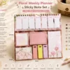Kawaii floral weekly planner sticky notes set with memo pads, page markers, to-do list, and pastel stationery arranged on a wooden desk. Kawaii floral weekly planner sticky notes set with memo pads, page markers, to-do list, and pastel stationery arranged on a wooden desk.