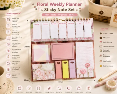 Kawaii floral weekly planner sticky notes set with memo pads, page markers, to-do list, and pastel stationery arranged on a wooden desk. Kawaii floral weekly planner sticky notes set with memo pads, page markers, to-do list, and pastel stationery arranged on a wooden desk.