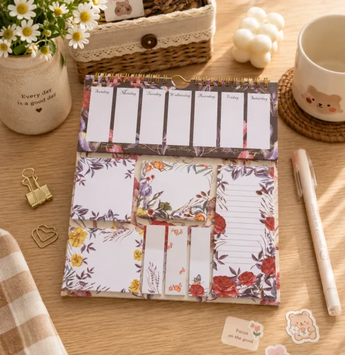 Vintage Floral Weekly Planner Sticky Notes Set with memo pads, page markers, and botanical sticky notes arranged on a wooden desk. Vintage Floral Weekly Planner Sticky Notes Set with memo pads, page markers, and botanical sticky notes arranged on a wooden desk.