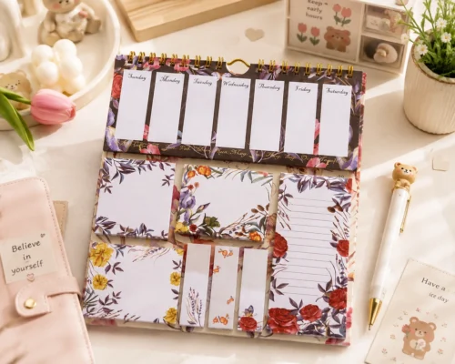 Vintage Floral Weekly Planner Sticky Notes Set with memo pads, page markers, and botanical sticky notes arranged on a wooden desk. Vintage Floral Weekly Planner Sticky Notes Set with memo pads, page markers, and botanical sticky notes arranged on a wooden desk.