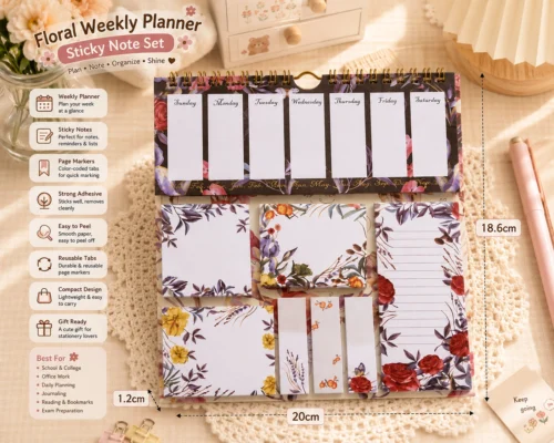 Vintage Floral Weekly Planner Sticky Notes Set with memo pads, page markers, and botanical sticky notes arranged on a wooden desk. Vintage Floral Weekly Planner Sticky Notes Set with memo pads, page markers, and botanical sticky notes arranged on a wooden desk.