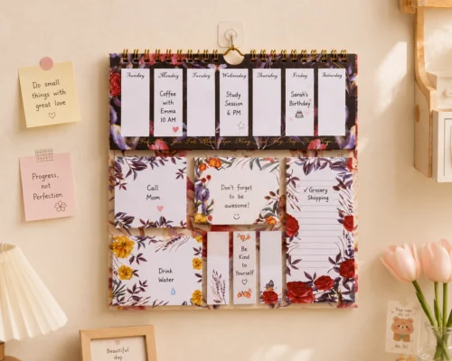 Vintage Floral Weekly Planner Sticky Notes Set with memo pads, page markers, and botanical sticky notes arranged on a wooden desk. Vintage Floral Weekly Planner Sticky Notes Set with memo pads, page markers, and botanical sticky notes arranged on a wall.