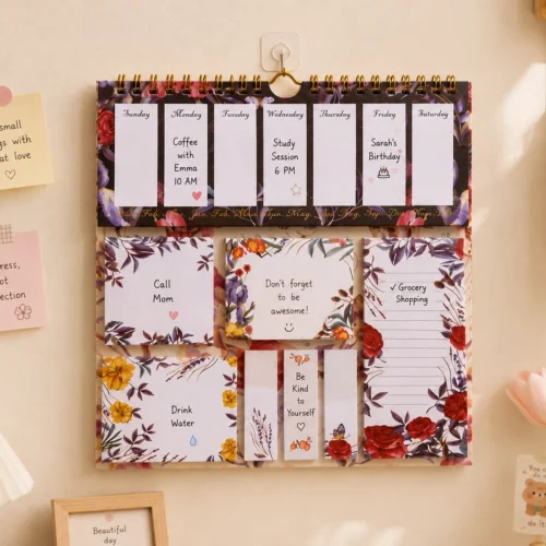 Vintage Floral Weekly Planner Sticky Notes Set with memo pads, page markers, and botanical sticky notes arranged on a wooden desk. Vintage Floral Weekly Planner Sticky Notes Set with memo pads, page markers, and botanical sticky notes arranged on a wall.