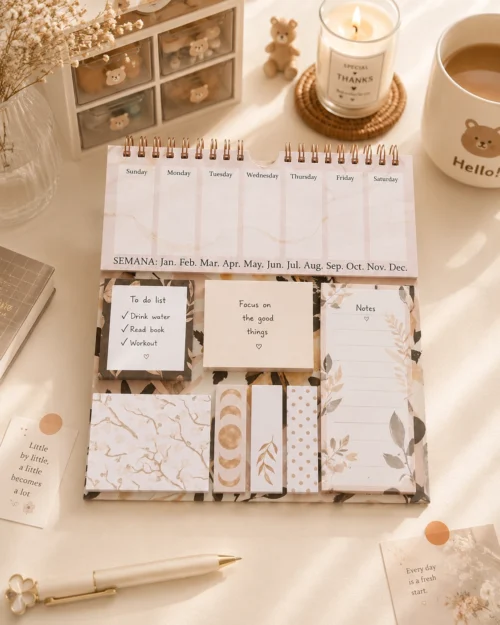 Minimalist Marble Weekly Planner Sticky Notes Set with memo pads, page markers, and weekly planner on a wooden desk. Minimalist Marble Weekly Planner Sticky Notes Set with memo pads, page markers, and weekly planner on a wooden desk.