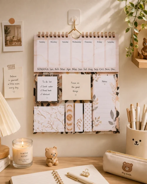 Minimalist Marble Weekly Planner Sticky Notes Set with memo pads, page markers, and weekly planner on a wall. Minimalist Marble Weekly Planner Sticky Notes Set with memo pads, page markers, and weekly planner on a wall.