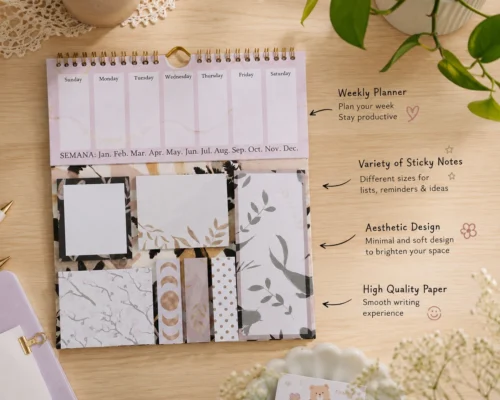 Minimalist Marble Weekly Planner Sticky Notes Set with memo pads, page markers, and weekly planner on a wooden desk. Minimalist Marble Weekly Planner Sticky Notes Set with memo pads, page markers, and weekly planner on a wooden desk.