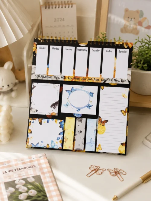 Butterfly Weekly Planner Sticky Notes Set with memo pads, sticky notes, page markers, and lined note pad on a desk.