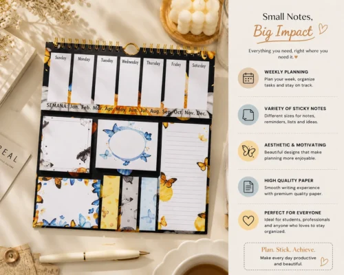 Butterfly Weekly Planner Sticky Notes Set with memo pads, sticky notes, page markers, and lined note pad on a desk.
