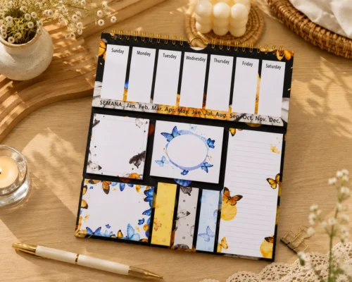 Butterfly Weekly Planner Sticky Notes Set with memo pads, sticky notes, page markers, and lined note pad on a desk.