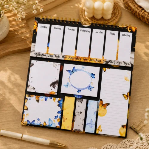 Butterfly Weekly Planner Sticky Notes Set with memo pads, sticky notes, page markers, and lined note pad on a desk. Butterfly Weekly Planner Sticky Notes Set with memo pads, sticky notes, page markers, and lined note pad on a desk.
