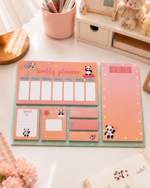 Kawaii Panda Weekly Planner Sticky Notes Set with weekly planner, to-do list, memo pads, sticky notes, and page markers on a wooden desk. Kawaii Panda Weekly Planner Sticky Notes Set with weekly planner, to-do list, memo pads, sticky notes, and page markers on a wooden desk.