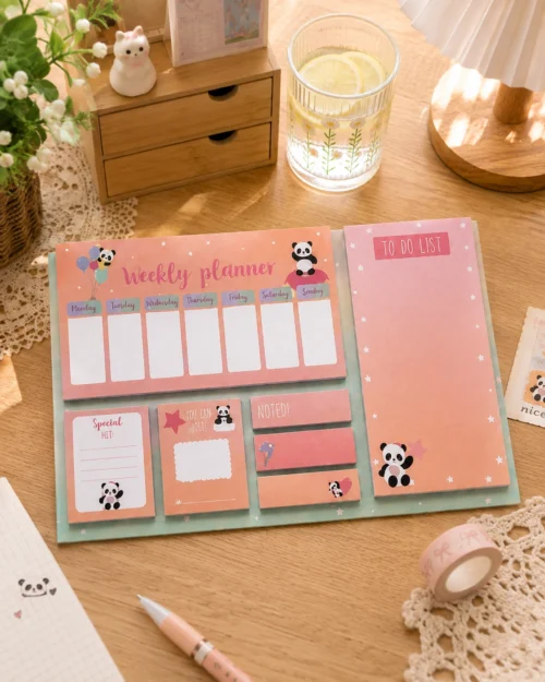 Kawaii Panda Weekly Planner Sticky Notes Set with weekly planner, to-do list, memo pads, sticky notes, and page markers on a wooden desk. Kawaii Panda Weekly Planner Sticky Notes Set with weekly planner, to-do list, memo pads, sticky notes, and page markers on a wooden desk.