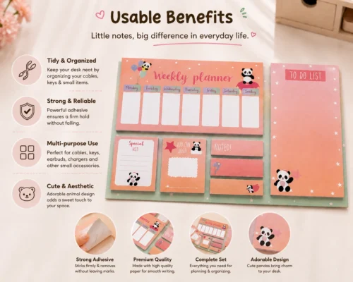 Kawaii Panda Weekly Planner Sticky Notes Set with weekly planner, to-do list, memo pads, sticky notes, and page markers on a wooden desk. Kawaii Panda Weekly Planner Sticky Notes Set with weekly planner, to-do list, memo pads, sticky notes, and page markers on a wooden desk.