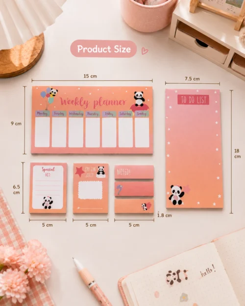 Kawaii Panda Weekly Planner Sticky Notes Set with weekly planner, to-do list, memo pads, sticky notes, and page markers on a wooden desk. Kawaii Panda Weekly Planner Sticky Notes Set with weekly planner, to-do list, memo pads, sticky notes, and page markers on a wooden desk.