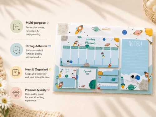 Space Weekly Planner Sticky Notes Set with rockets, planets, weekly planner, memo pads, sticky notes, page markers, and to-do list on a wooden desk.