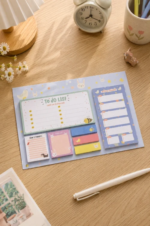 Stay organized with the Kawaii To-Do List Sticky Notes Set featuring a weekly planner, memo pads, page markers, and sticky notes. Stay organized with the Kawaii To-Do List Sticky Notes Set featuring a weekly planner, memo pads, page markers, and sticky notes.