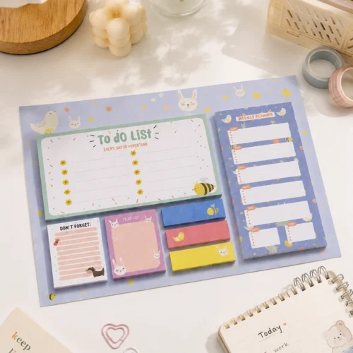 Stay organized with the Kawaii To-Do List Sticky Notes Set featuring a weekly planner, memo pads, page markers, and sticky notes. Stay organized with the Kawaii To-Do List Sticky Notes Set featuring a weekly planner, memo pads, page markers, and sticky notes.