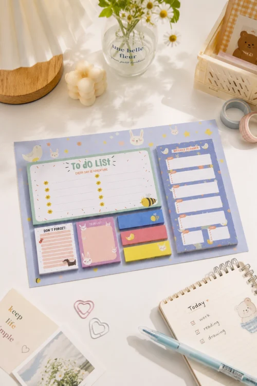 Stay organized with the Kawaii To-Do List Sticky Notes Set featuring a weekly planner, memo pads, page markers, and sticky notes. Stay organized with the Kawaii To-Do List Sticky Notes Set featuring a weekly planner, memo pads, page markers, and sticky notes.