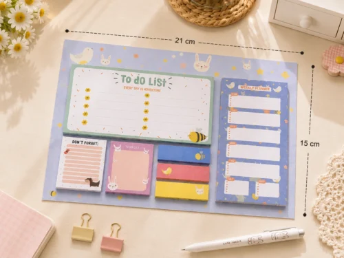 Stay organized with the Kawaii To-Do List Sticky Notes Set featuring a weekly planner, memo pads, page markers, and sticky notes. Stay organized with the Kawaii To-Do List Sticky Notes Set featuring a weekly planner, memo pads, page markers, and sticky notes.