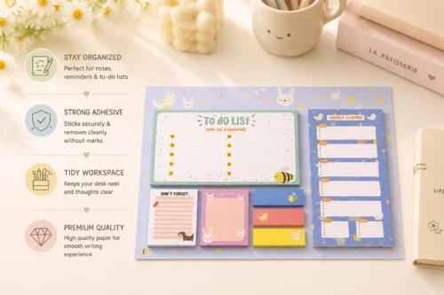 Stay organized with the Kawaii To-Do List Sticky Notes Set featuring a weekly planner, memo pads, page markers, and sticky notes. Stay organized with the Kawaii To-Do List Sticky Notes Set featuring a weekly planner, memo pads, page markers, and sticky notes.