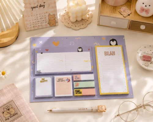 Cute Penguin Sticky Notes Planner Set with weekly planner, to-do list, memo pads, sticky notes, and page markers on a wooden desk.