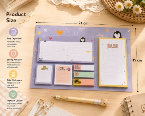 Cute Penguin Sticky Notes Planner Set with weekly planner, to-do list, memo pads, sticky notes, and page markers on a wooden desk.