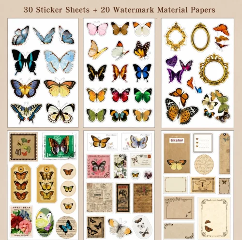 Vintage Butterfly Sticker Book with floral, botanical, paper, and transparent PET stickers for journaling, scrapbooking, and DIY crafts. Vintage Butterfly Sticker Book with floral, botanical, paper, and transparent PET stickers for journaling, scrapbooking, and DIY crafts.